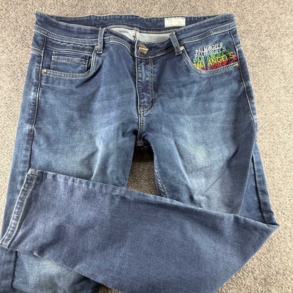 Palm Angels Mens Blue Embroidered Logo Teddy Bear Patch Denim Jeans Size 36